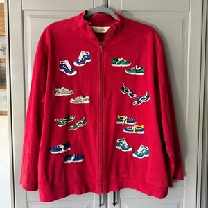 Bechamel Vintage Women's Embroidered Sneakers Granny Zip Track Jacket, Red, XL